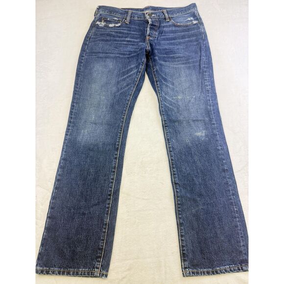 Abercrombie & Fitch Jeans Mens 34x32 Blue Straight Leg Distressed Denim Pants - Picture 3 of 13